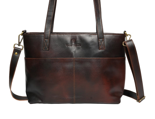 Volkskin Schultertasche Espresso – Frontansicht Premium-Leder