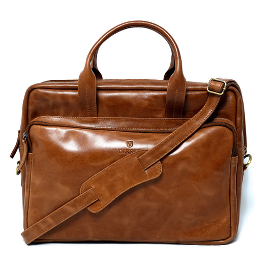 Volkskin Leder Laptoptasche Cognac – Business Aktentasche aus Echtleder
