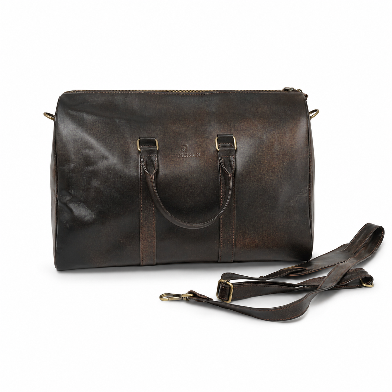 Volkskin Leder Weekender Tasche aus dunkelbraunem Echtleder mit Schultergurt