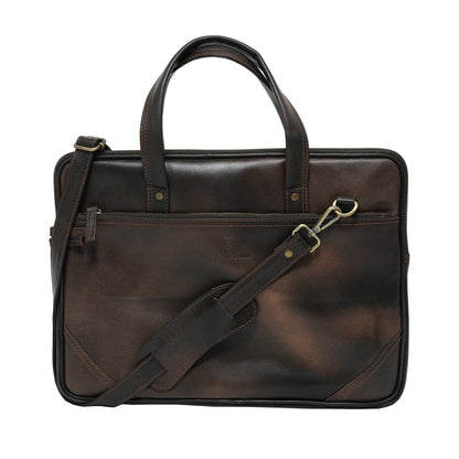 Leder Laptoptasche Espresso Vorderansicht mit Strap