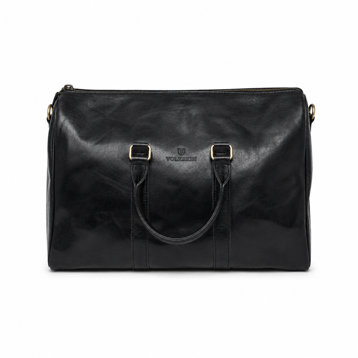 Schwarze Leder Reisetasche von Volkskin mit Tragegriffen und hochwertigem Vintage-Leder in Frontansicht