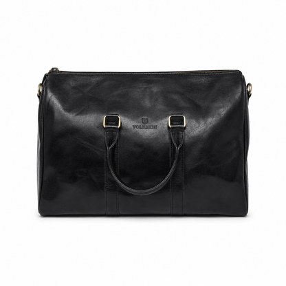Schwarze Leder Reisetasche von Volkskin mit Tragegriffen und hochwertigem Vintage-Leder in Frontansicht