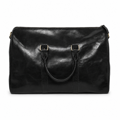 Rückansicht der schwarzen Leder Reisetasche von Volkskin mit minimalistischem Design