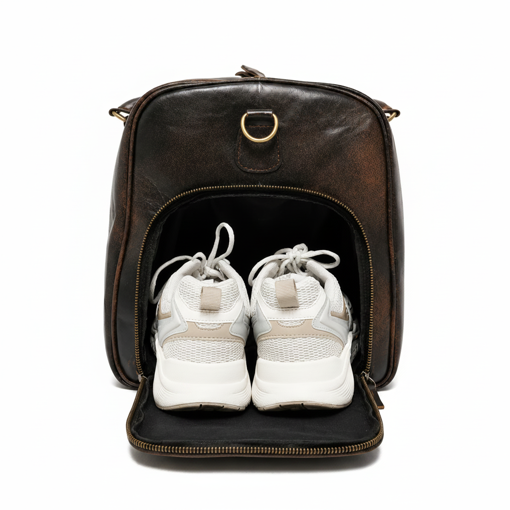 Volkskin Vintage Leder Reisetasche Espresso Seitenansicht mit geoffnetem Reissverschluss